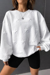 White 95%Polyester+5%Elastane - Star Embossed Textured Drop Shoulder Sweatshirt - womens sweatshirt at TFC&H Co.