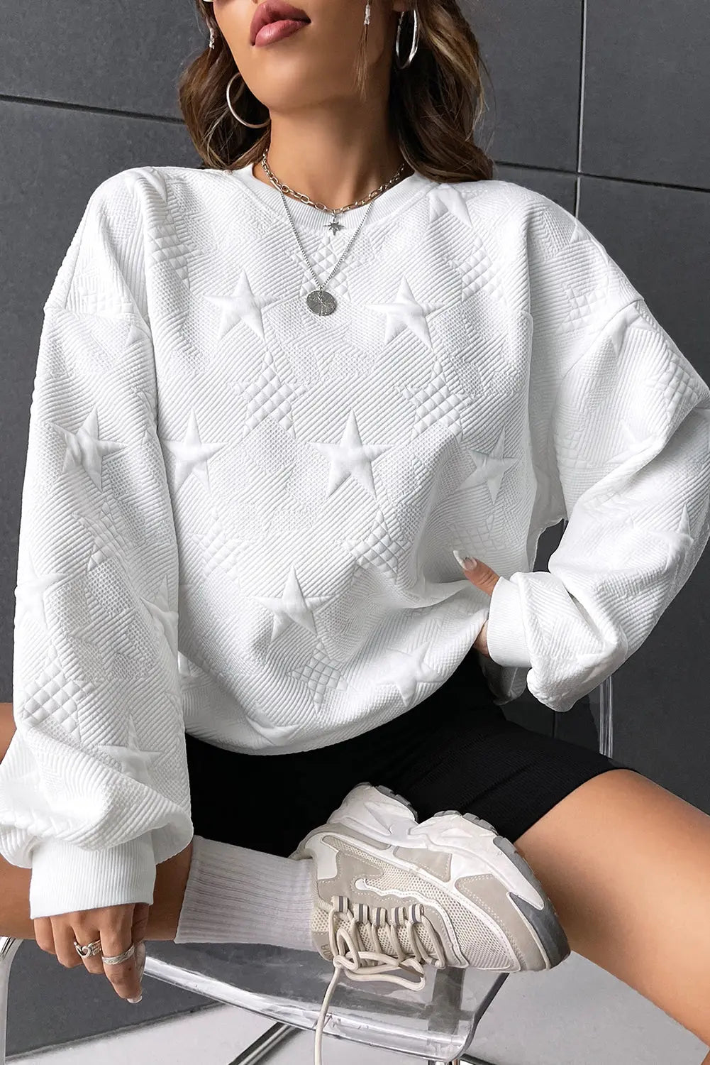 - Star Embossed Textured Drop Shoulder Sweatshirt - womens sweatshirt at TFC&H Co.