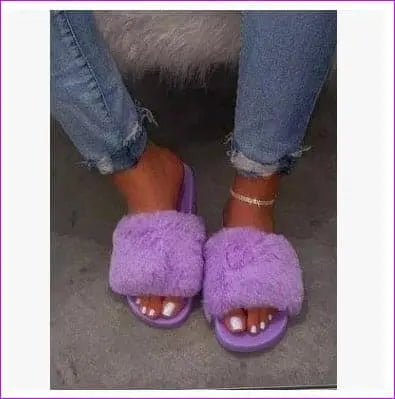 Purple - Spring/Summer New Rhinestone Flat Bottom Oversized Furry Sandals and Slippers - Ladies Slippers at TFC&H Co.