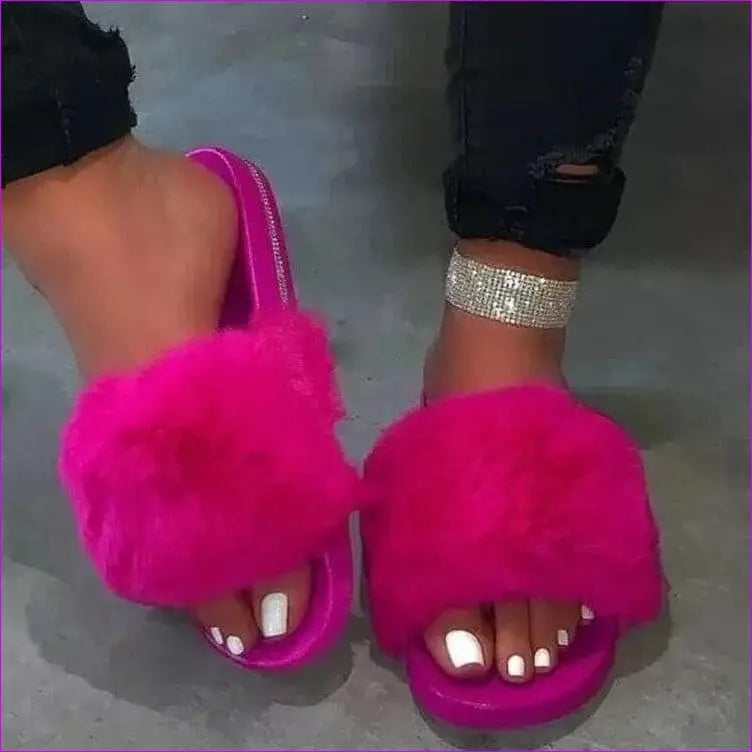 Rose Red - Spring/Summer New Rhinestone Flat Bottom Oversized Furry Sandals and Slippers - Ladies Slippers at TFC&H Co.