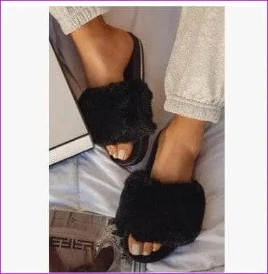 Black - Spring/Summer New Rhinestone Flat Bottom Oversized Furry Sandals and Slippers - Ladies Slippers at TFC&H Co.