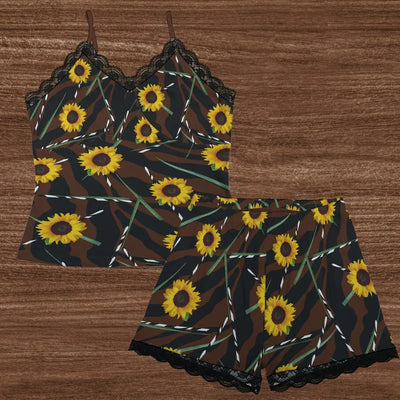 Brown Sunflower Wild Cami Lace Edge Women's Pajama Set - women's pajamas set at TFC&H Co.