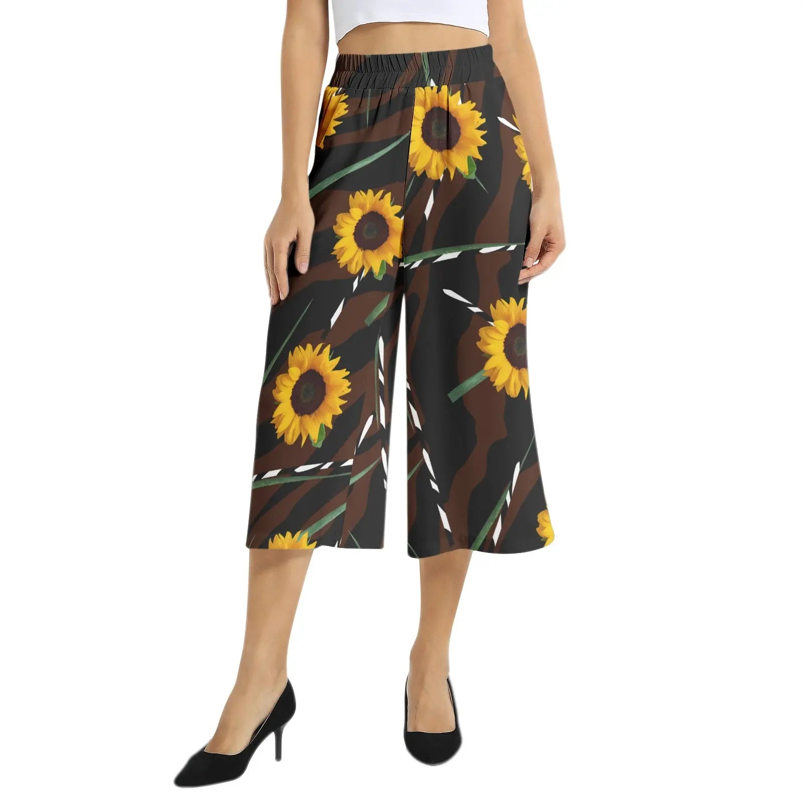 3XL - Sunflower Wild Elastic Waist Capris Wide Leg Pant - womens capri pants at TFC&H Co.