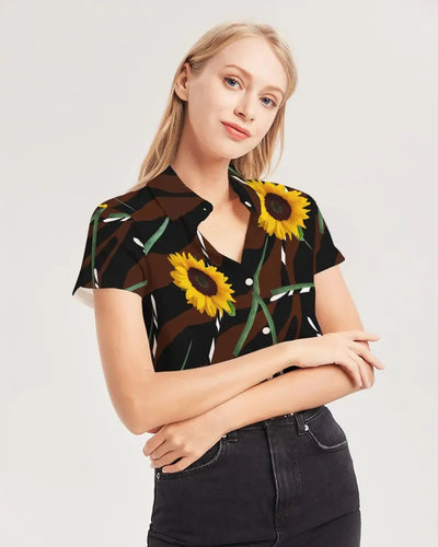 Multi-colored Sunflower Wild Women's Short Sleeve Button Up - women's button up shirt at TFC&H Co.