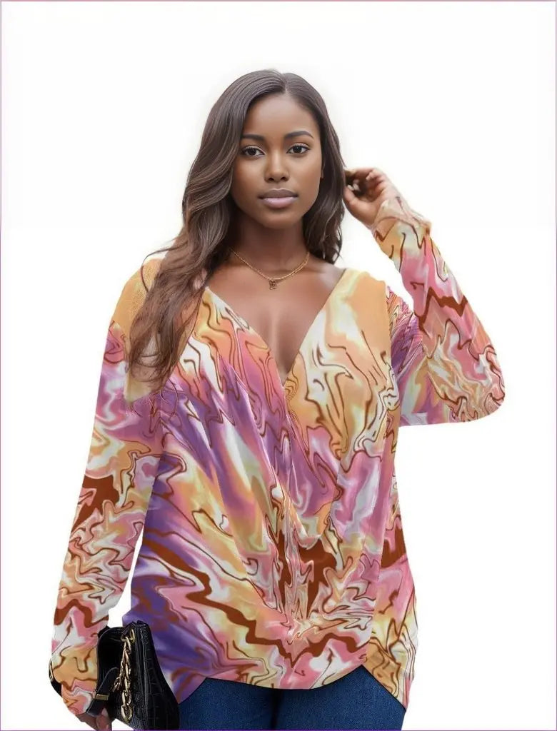 multi-colored - Tie-Dye Women's V-neck Plus Draped Longline Top With Long Sleeve Voluptuous (+) Plus Size - womens top at TFC&H Co.
