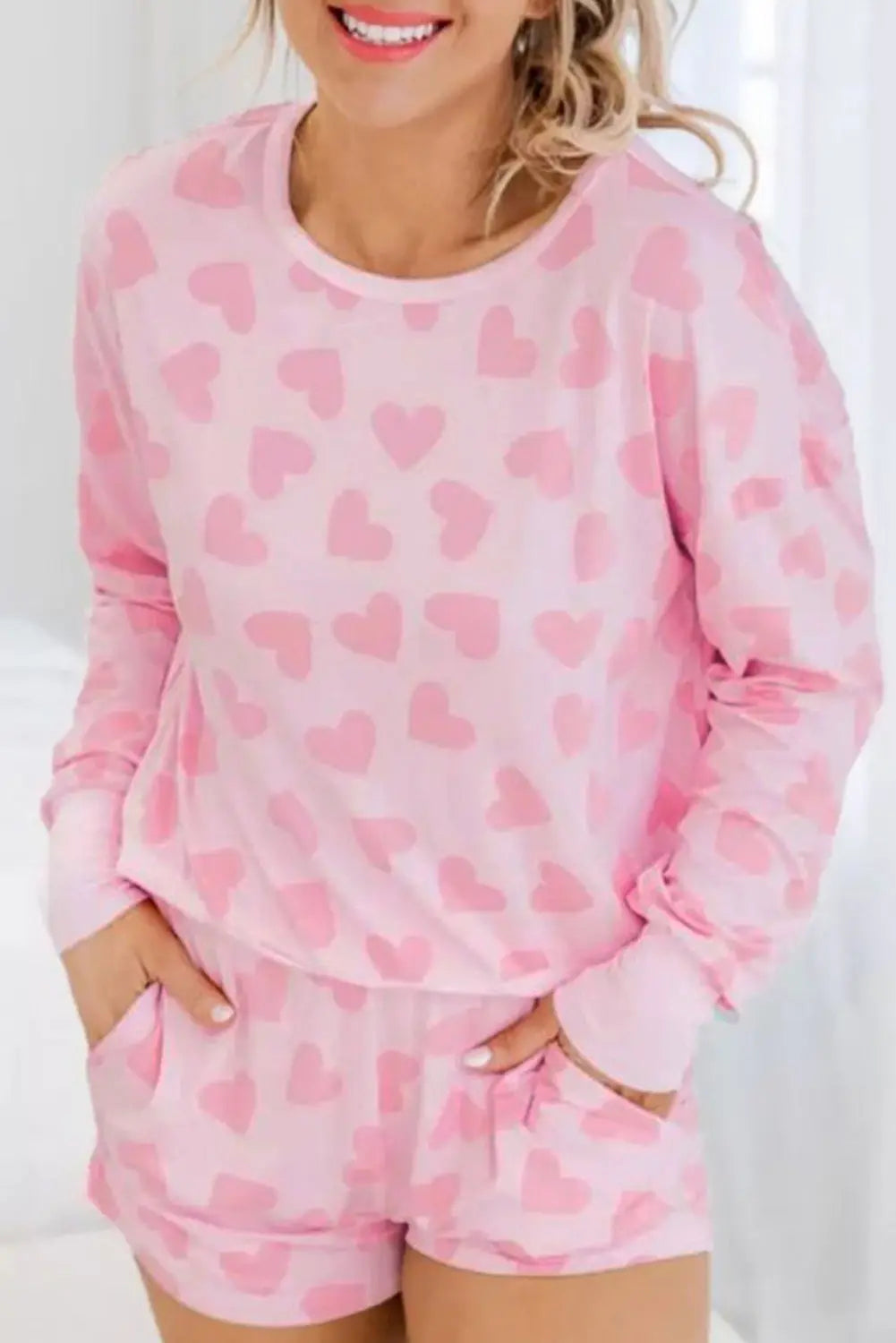 Pink 95%Polyester+5%Elastane - Valentine Heart Shape Print Long Sleeve Top Shorts Lounge Outfit Set - womens short set at TFC&H Co.