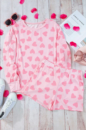 - Valentine Heart Shape Print Long Sleeve Top Shorts Lounge Outfit Set - womens short set at TFC&H Co.
