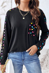 Black 65%Polyester+30%Viscose+5%Elastane - Valentine's Day Love Hearts Raglan Sleeve Top - womens shirt at TFC&H Co.