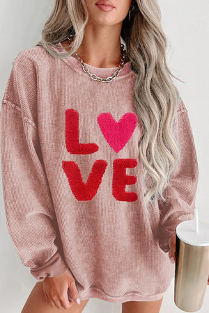 Pink 100%Polyester Valentines LOVE Chenille Embroidered Corded Sweatshirt - women's sweatshirt at TFC&H Co.