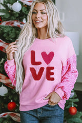 Pink 65%Polyester+35%Cotton Valentines LOVE Chenille Embroidered Sequin Sleeve Sweatshirt - women's sweatshirt at TFC&H Co.