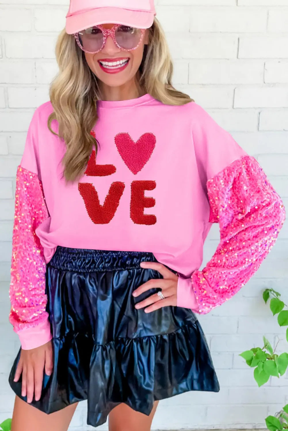 Valentines LOVE Chenille Embroidered Sequin Sleeve Sweatshirt - women's sweatshirt at TFC&H Co.