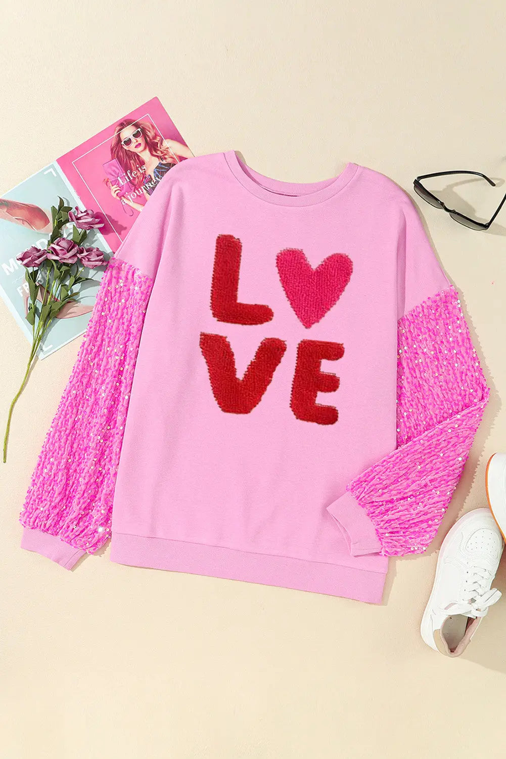 Valentines LOVE Chenille Embroidered Sequin Sleeve Sweatshirt - women's sweatshirt at TFC&H Co.