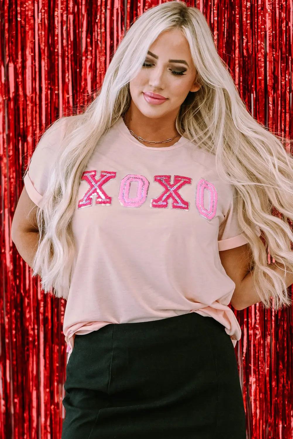 Pink 95%Polyester+5%Elastane Valentines Shiny XOXO Graphic T-shirt - women's t-shirt at TFC&H Co.