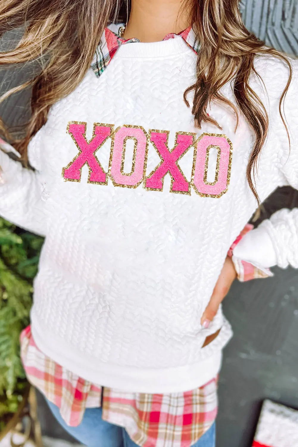 XOXO Glitter Chenille Cable Knit Pullover Women's Sweatshirt - women's sweatshirt at TFC&H Co.