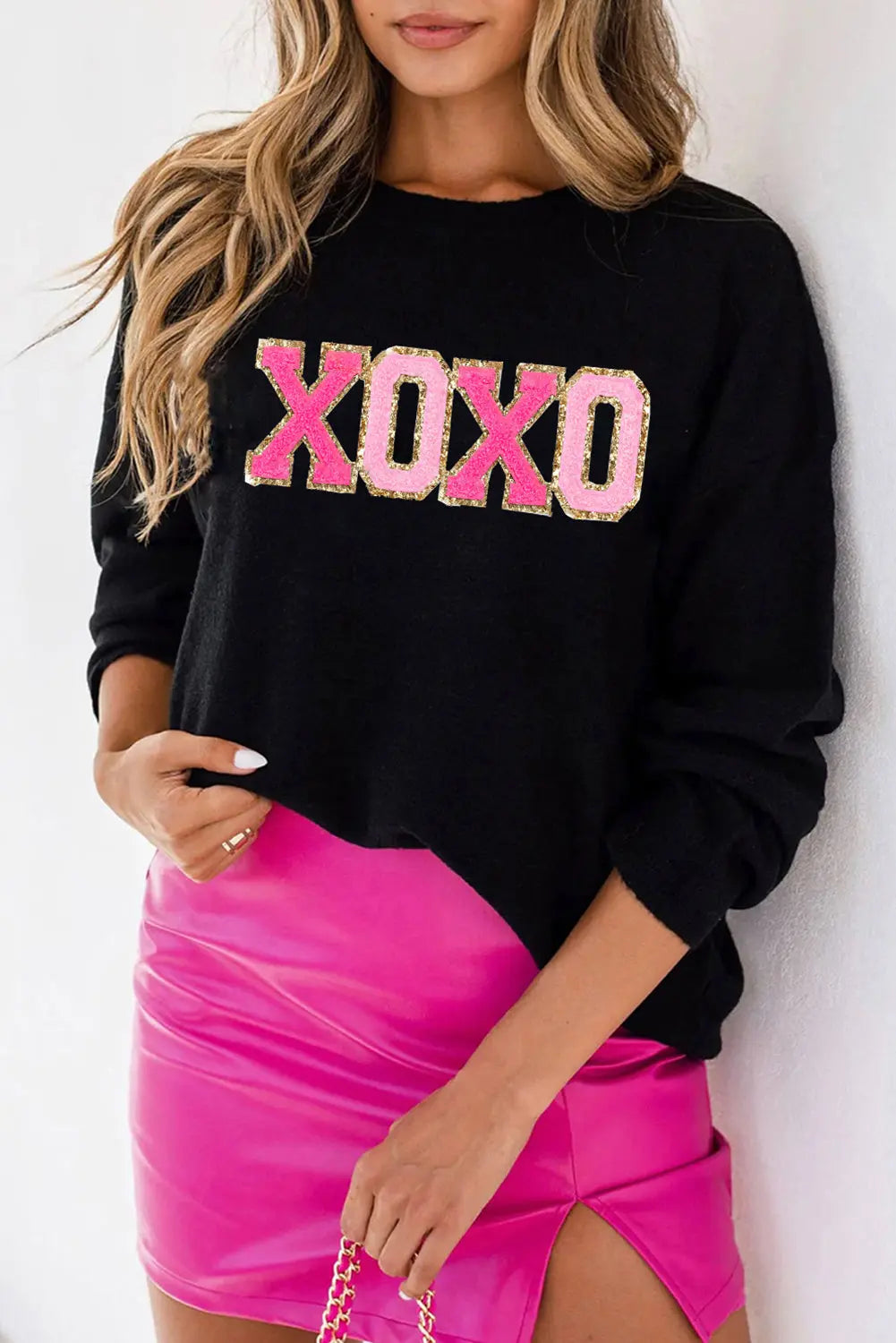 Black 100%Polyester - XOXO Glitter Print Round Neck Casual Sweater - Black - womens sweater at TFC&H Co.