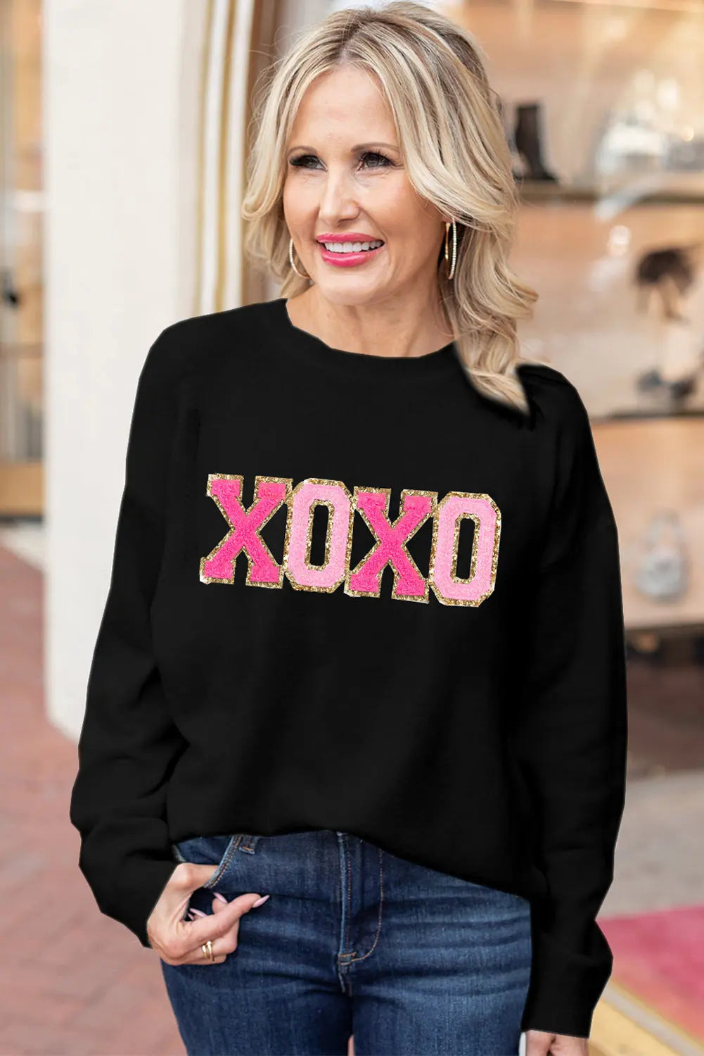 - XOXO Glitter Print Round Neck Casual Sweater - Black - womens sweater at TFC&H Co.