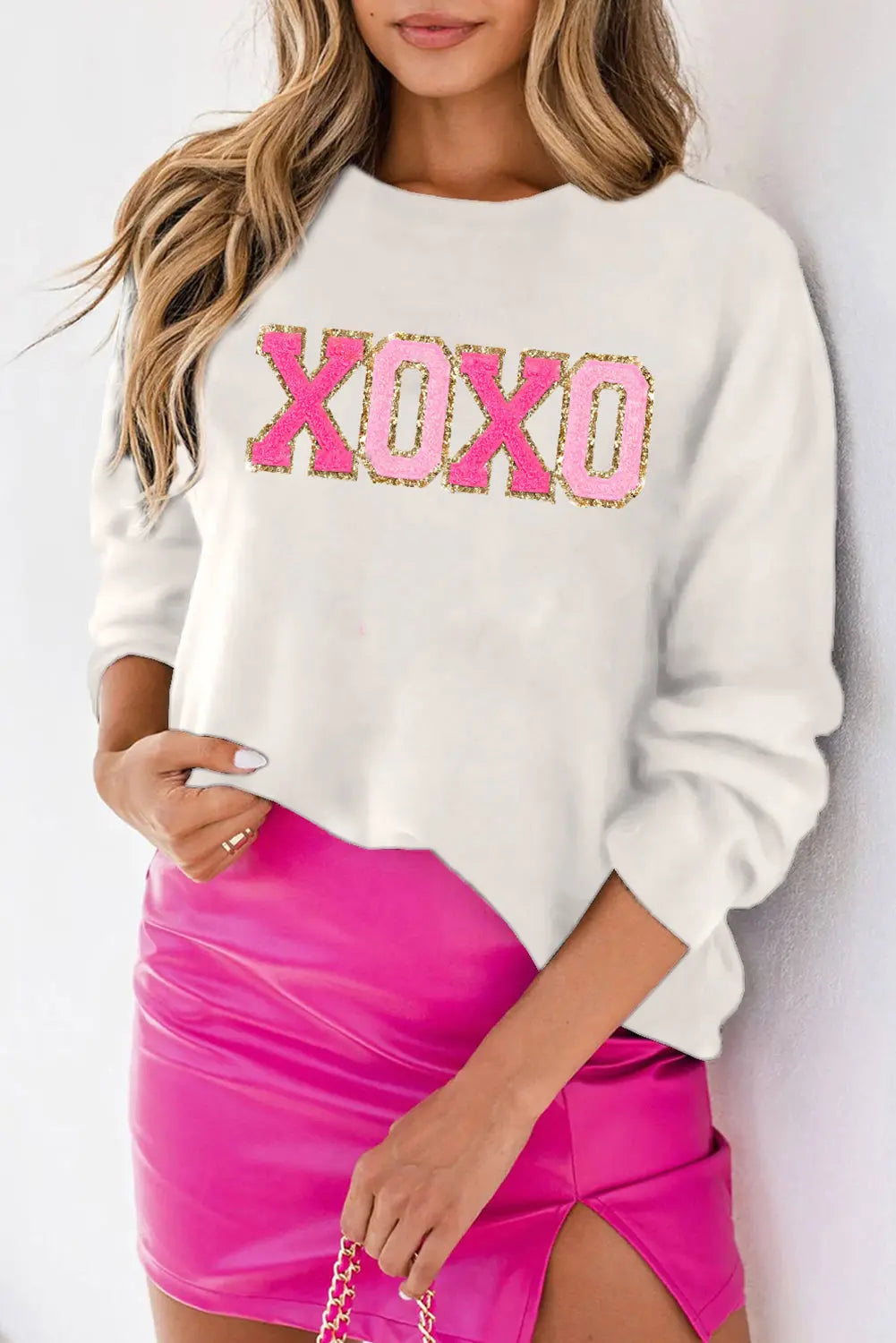 White 100%Polyester XOXO Glitter Print Round Neck Casual Sweater - white - women's sweater at TFC&H Co.