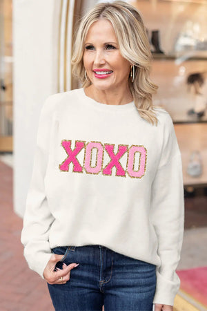- XOXO Glitter Print Round Neck Casual Sweater - white - womens sweater at TFC&H Co.