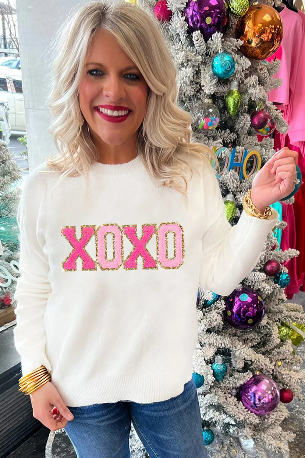 XOXO Glitter Print Round Neck Casual Sweater - white - women's sweater at TFC&H Co.
