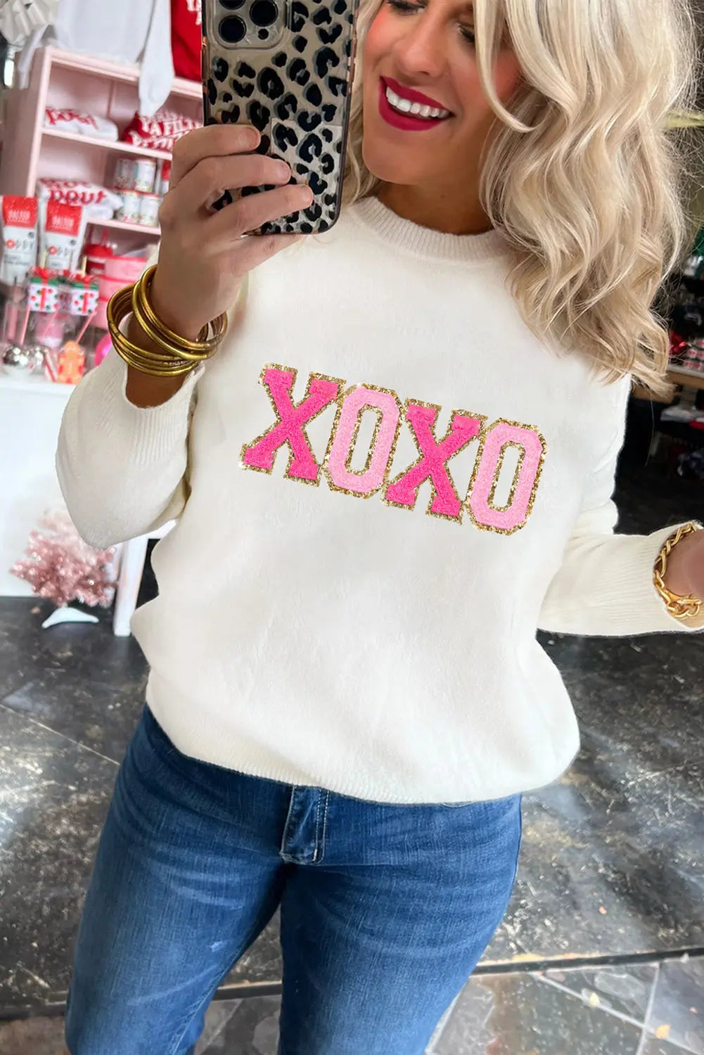 XOXO Glitter Print Round Neck Casual Sweater - white - women's sweater at TFC&H Co.