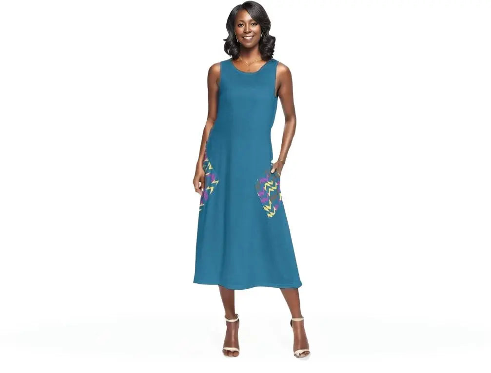 Blue Zig & Zag Women's Sleeveless Dress With Diagonal Pocket - women's dress at TFC&H Co.