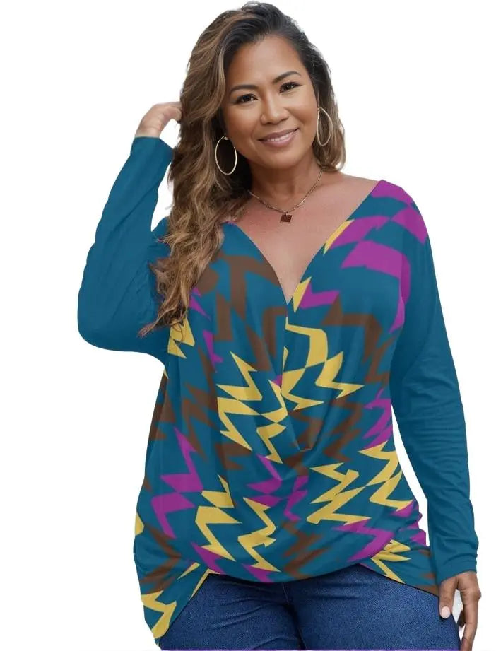Blue - Zig & Zag Women's V-neck Draped Longline Top With Long Sleeve Voluptuous (+) Plus Size - womens top at TFC&H Co.