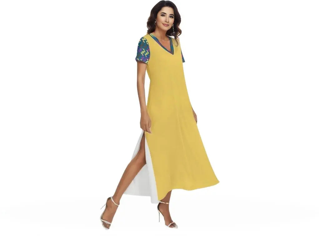 yellow Zig & Zag Women's V-neck Dress With Short Sleeve - women's dress at TFC&H Co.