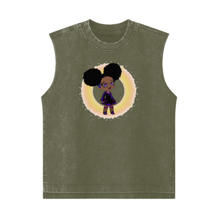 GREEN - Fro-Puff Streetwear Heavyweight 285G Washed Girl's 100% Cotton Tank Top - girls tank top at TFC&H Co.