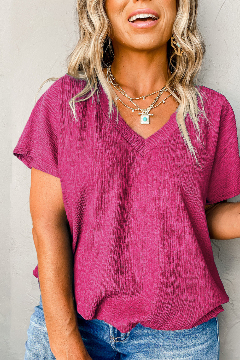 Bright Pink - Blue Sapphire Textured V Neck Voluptuous (+) Women's Plus Size Blouse - womens blouse at TFC&H Co.