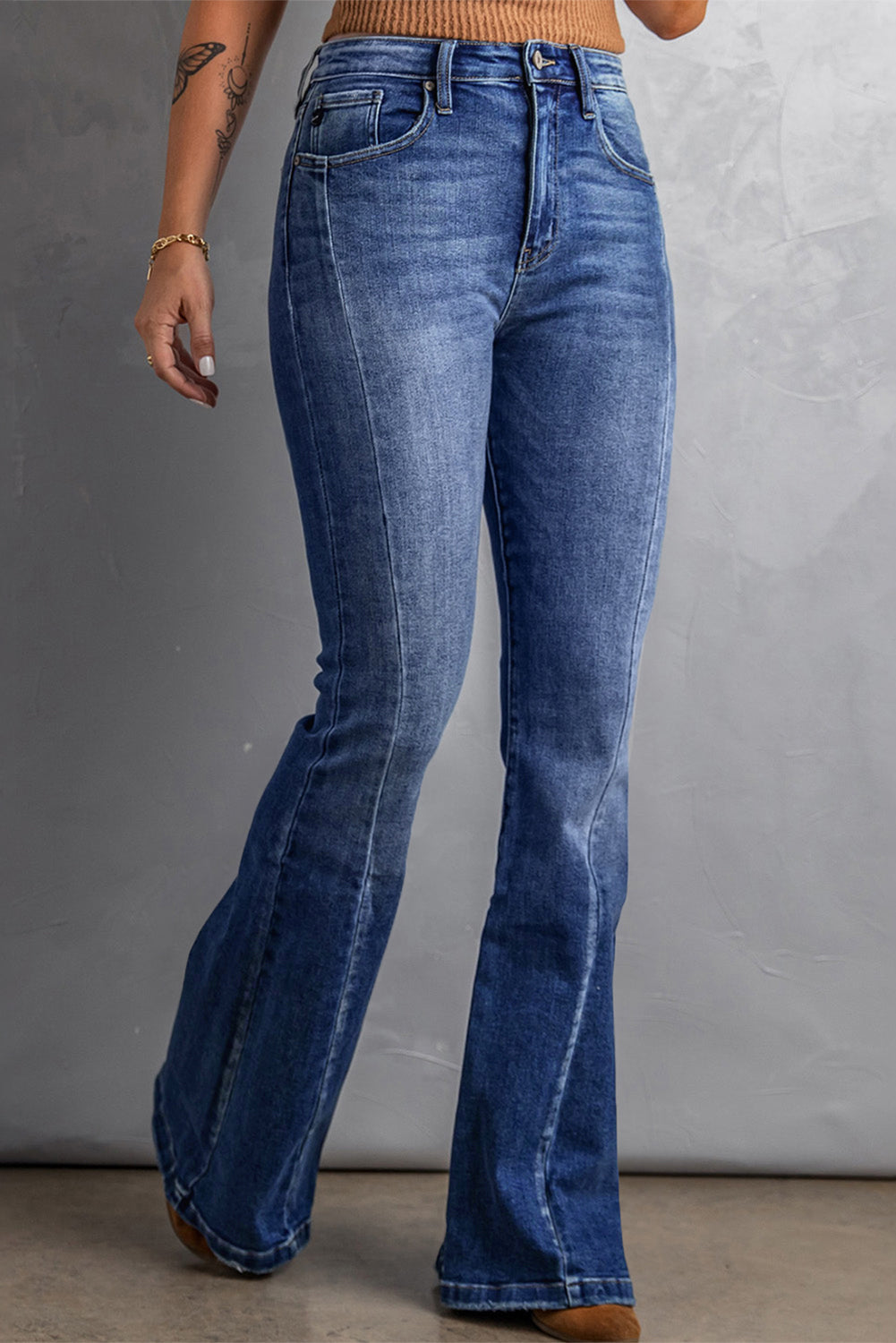 - Dark Blue Voluptuous (+) Plus Size Stitching Washed Flare Jeans - Plus Size Jeans at TFC&H Co.