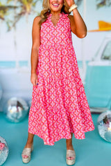 Pink 100%Polyester - Floral Print Frilly Neck Sleeveless Tiered Women's Maxi Dress - womens dress at TFC&H Co.