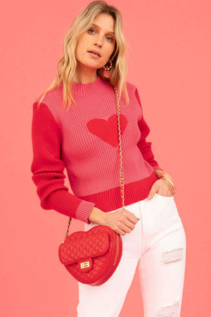 Mock Neck Colorblock Valentine Heart Ribbed Sweater - women's sweater at TFC&H Co.