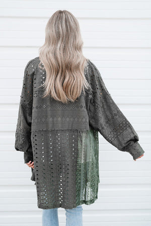 Eyelet Pattern Patchwork Oversized Button Up Women's Shacket - women's shacket at TFC&H Co.