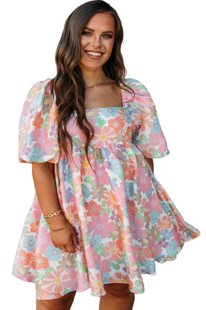 - Floral Puff Sleeve Square Neck Voluptuous (+) Plus size Babydoll Dress - womens dress at TFC&H Co.
