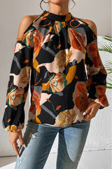 Black 100%Polyester Floral Print Cold Shoulder Lantern Sleeve Blouse - women's blouse at TFC&H Co.