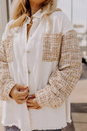 Voluptuous (+) Plus Size White Tweed Patchwork Raw Hem Jacket - women's jacket at TFC&H Co.
