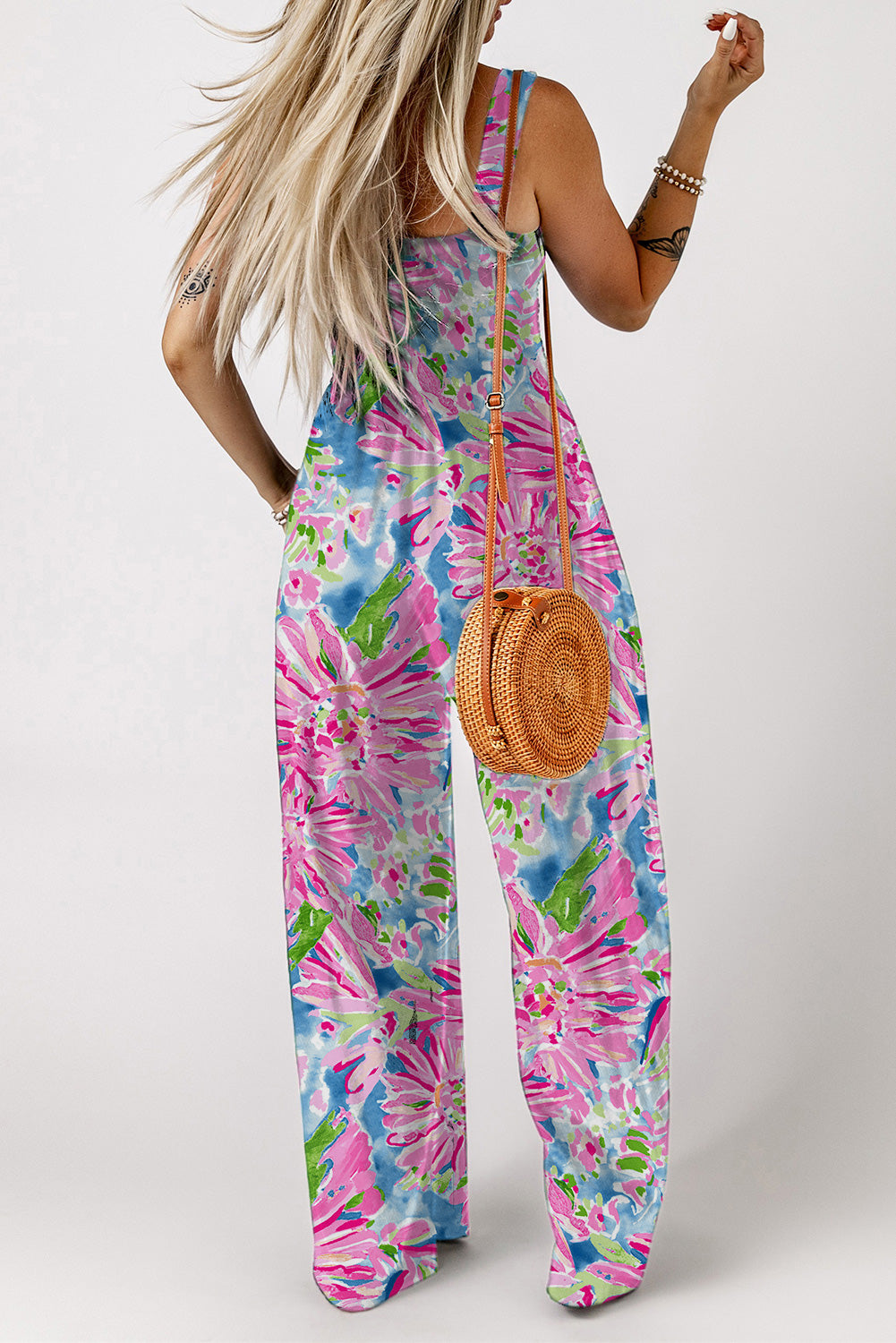 - Abstract Floral Painting Smocked Wide Leg Jumpsuit - womens jumpsuit at TFC&H Co.