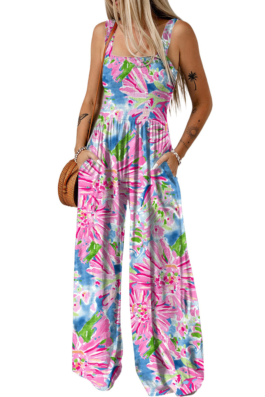 - Abstract Floral Painting Smocked Wide Leg Jumpsuit - womens jumpsuit at TFC&H Co.