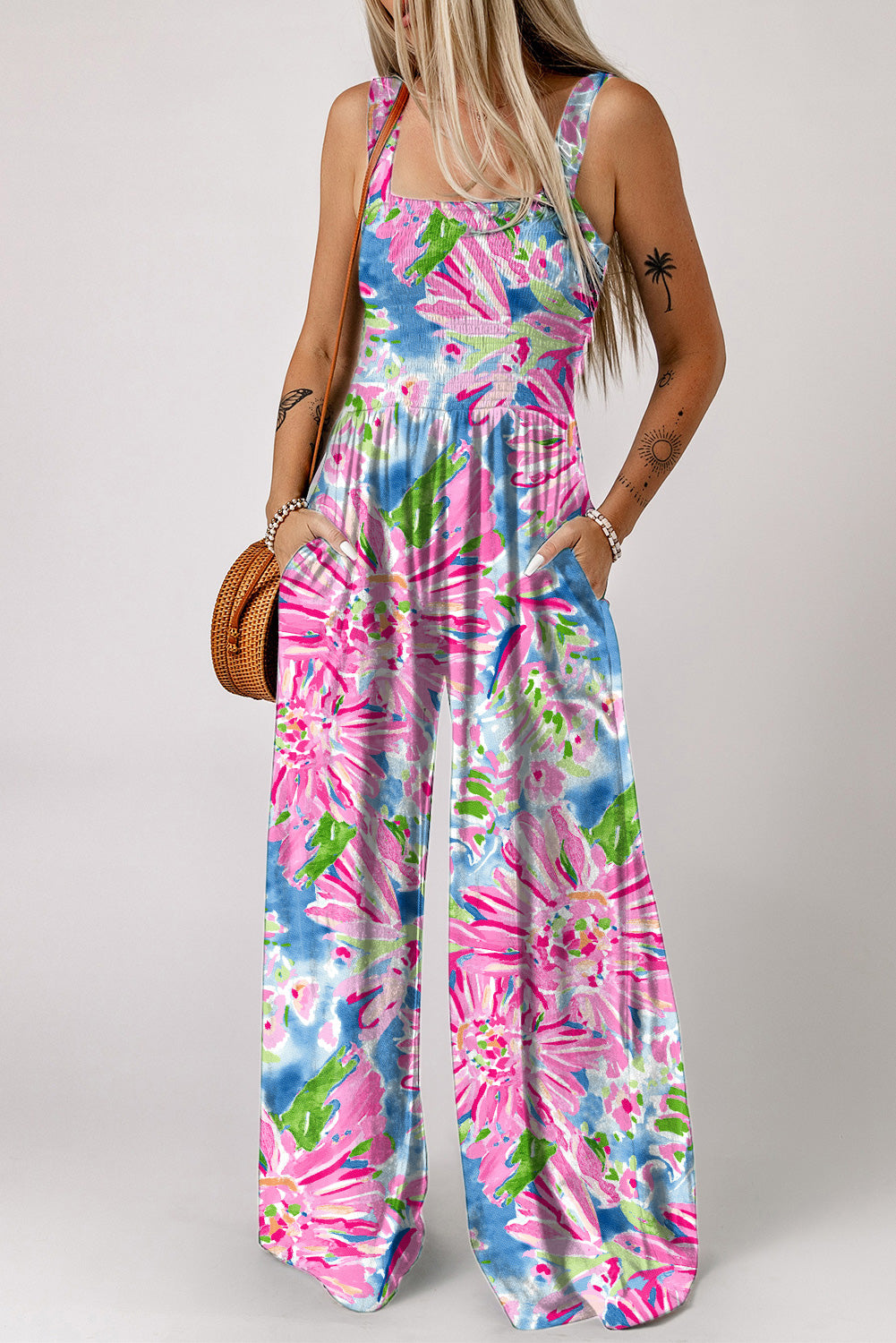 PINK 100%POLYESTER - Abstract Floral Painting Smocked Wide Leg Jumpsuit - womens jumpsuit at TFC&H Co.