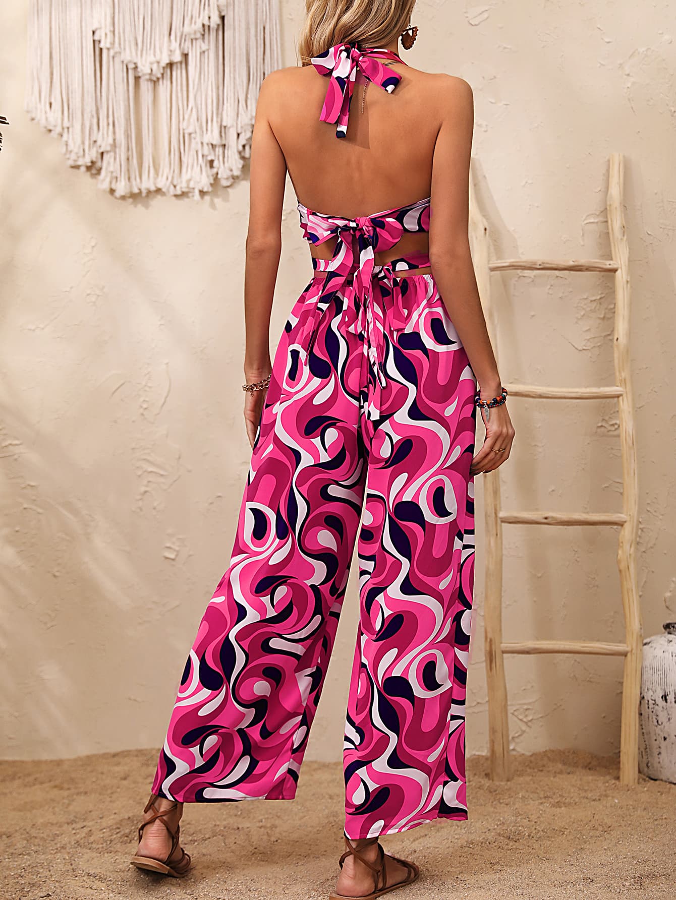 - Abstract Print Halter Neck Cutout Wide Leg Jumpsuit - womens jumpsuits at TFC&H Co.