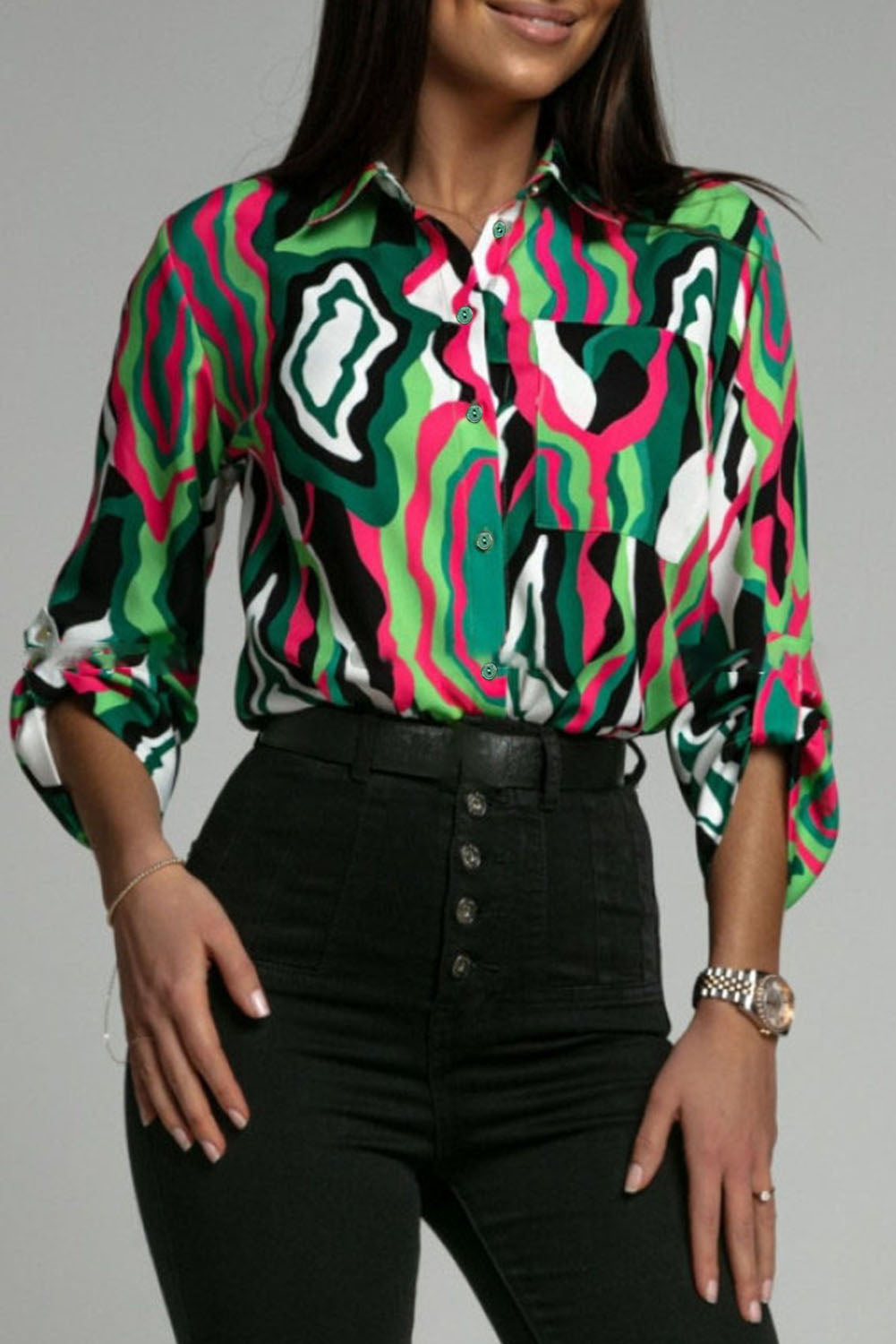 Green 100%Polyester Abstract Print Roll-tab Sleeve Chest Pocket Shirt - 2 styles - women's shirt at TFC&H Co.