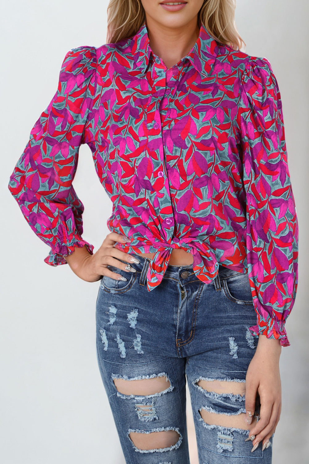 - Multicolor Floral Print Ruffled Puff Sleeve Shirt - womens shirt at TFC&H Co.