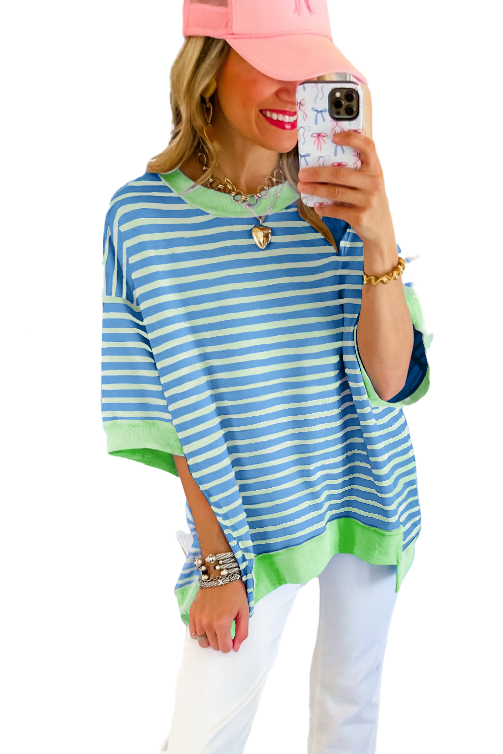 - Striped Colorblock Drop Sleeve Loose Top - womens t shirt at TFC&H Co.