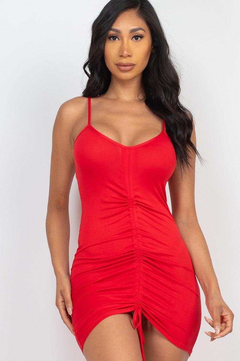 RED Adjustable Ruched Front Detail Mini Dress - Ships from The US - women's dress at TFC&H Co.