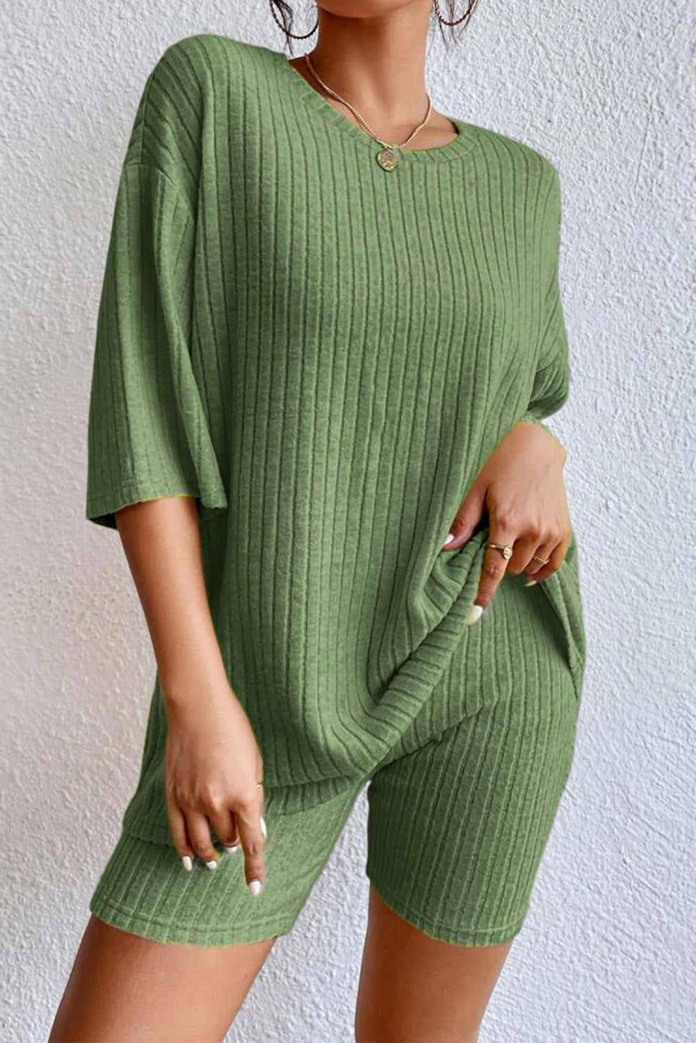 Green short set 85%Polyester+10%Viscose+5%Elastane - Ribbed Knit V Neck Slouchy Two-piece Outfit - pants or short set various colors - women's pants set at TFC&H Co.