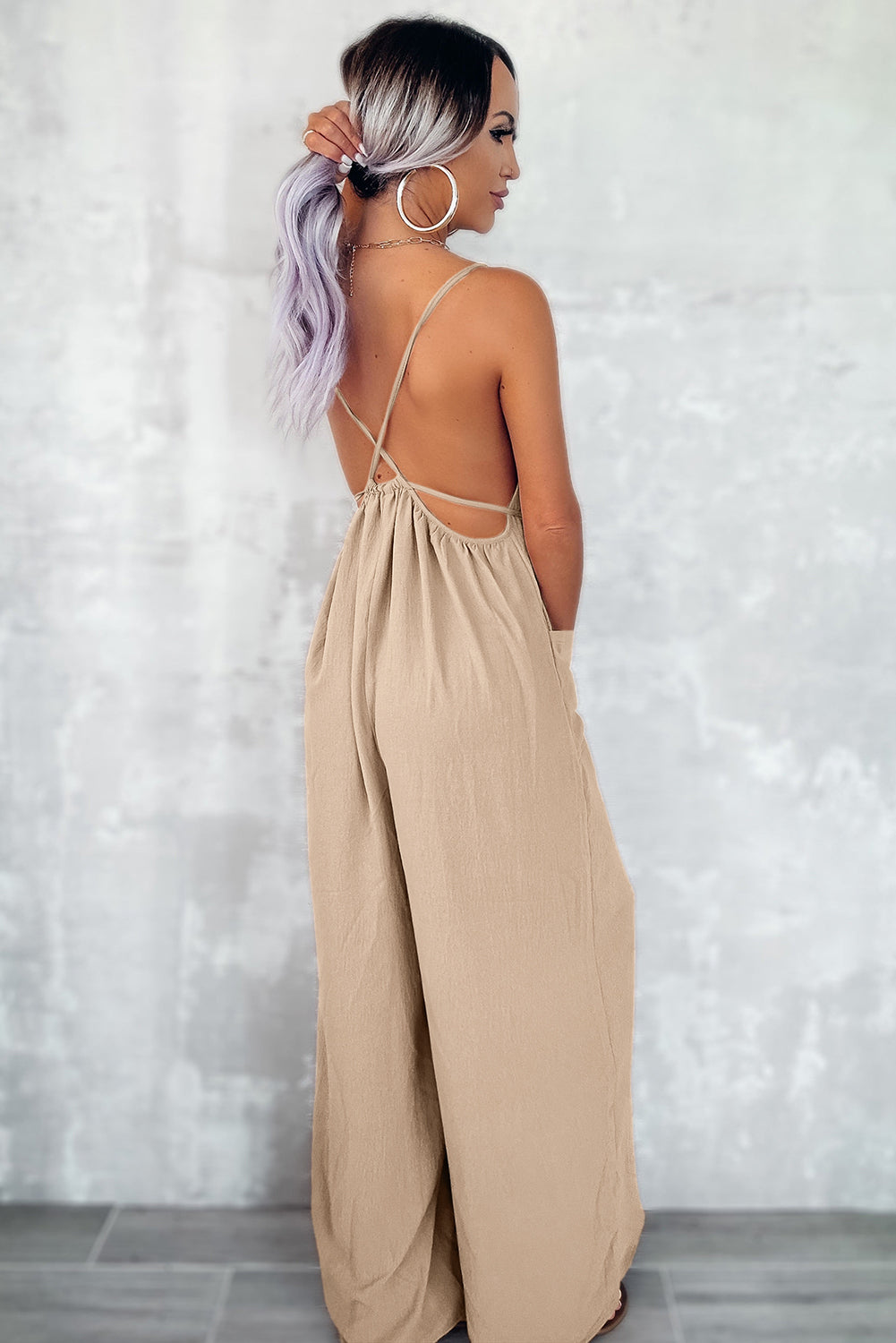 - Spaghetti Straps Waist Tie Wide Leg Jumpsuit with Pockets - womens jumpsuit at TFC&H Co.