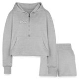 heather gray AM&IS Women’s Cropped Hoodie & Jogger Short Outfit Set - Women’s Cropped Hoodie & Jogger Short Set at TFC&H Co.