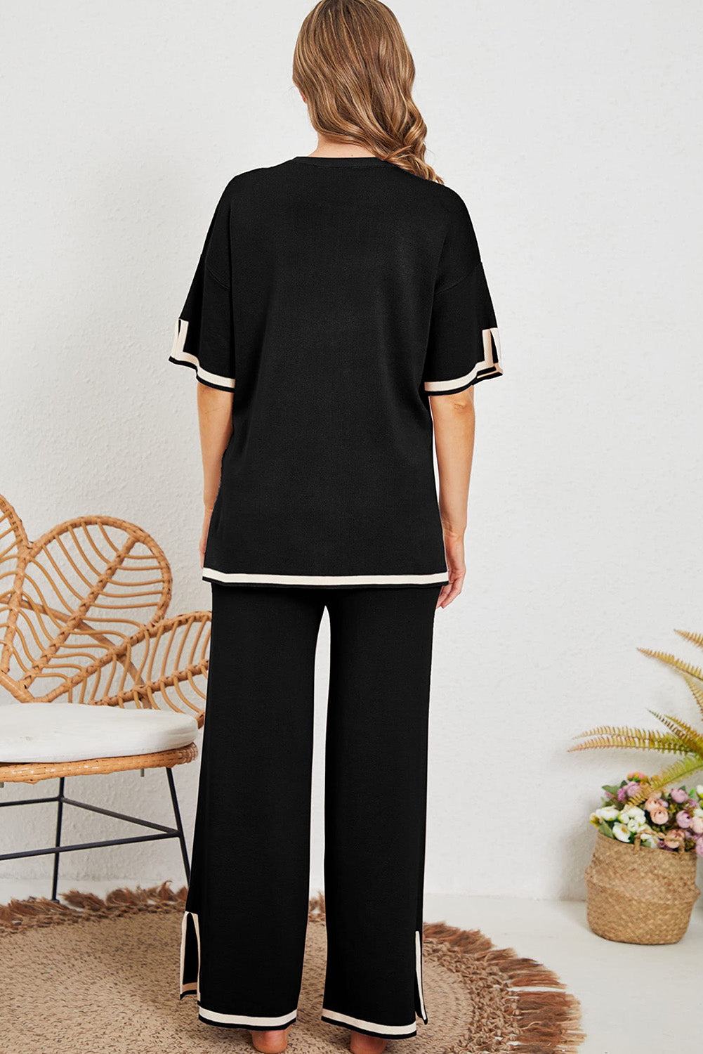 - Contrast Trim Half Sleeve Sweater & Wide Leg Pants Set - Two Piece Pants Sets at TFC&H Co.