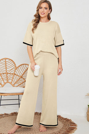 - Contrast Trim Half Sleeve Sweater & Wide Leg Pants Set - Two Piece Pants Sets at TFC&H Co.