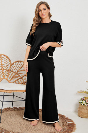 - Contrast Trim Half Sleeve Sweater & Wide Leg Pants Set - Two Piece Pants Sets at TFC&H Co.